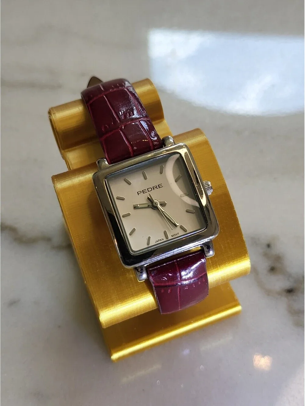 Vtg Pedre Womans Watch New Batt. Silvertone W Burgundy Bracelet 6.5